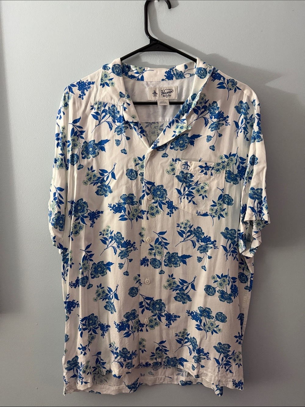 Original Penguin White Short-Sleeve Button-Down with Blue Floral Print